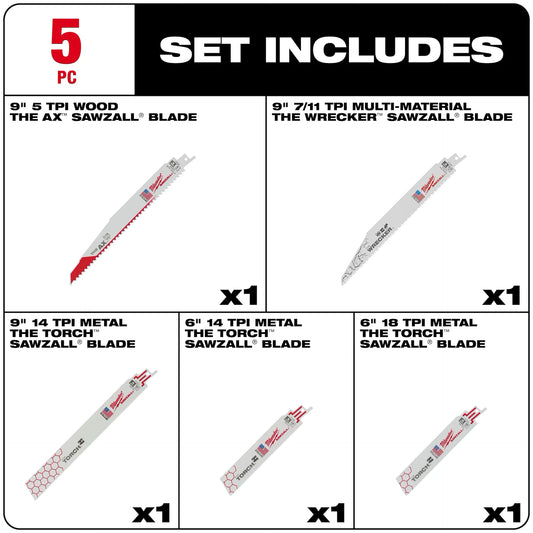 Milwaukee SAWZALL Demolition Blade Set 5PC